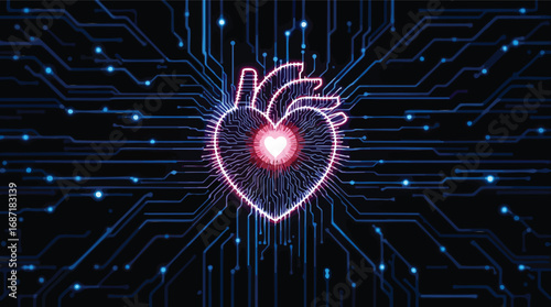 Digital heart made of glowing circuit board lines on a dark technological background technology.