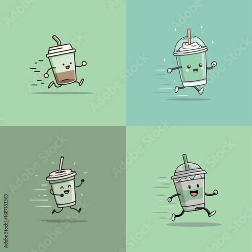 Four adorable animated drinks sprint joyfully across a light green background, showcasing their cheerful expressions and dynamic movement. Each beverage features distinct colors and designs.