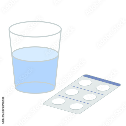 シンプルな薬（錠剤シート）と水の入ったコップのアイコン