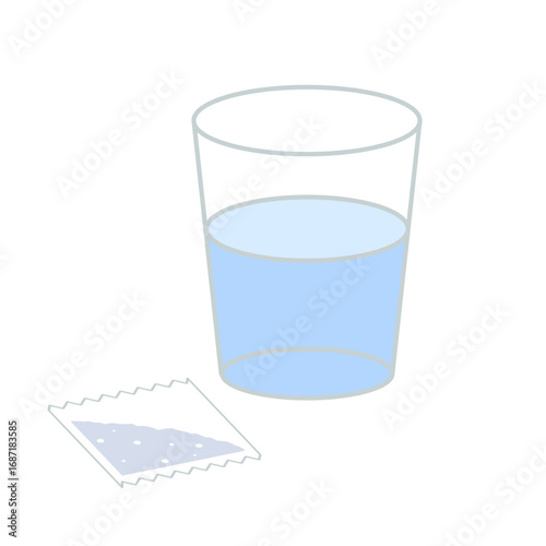 シンプルな薬（粉薬／薬のパック）と水の入ったコップのアイコン