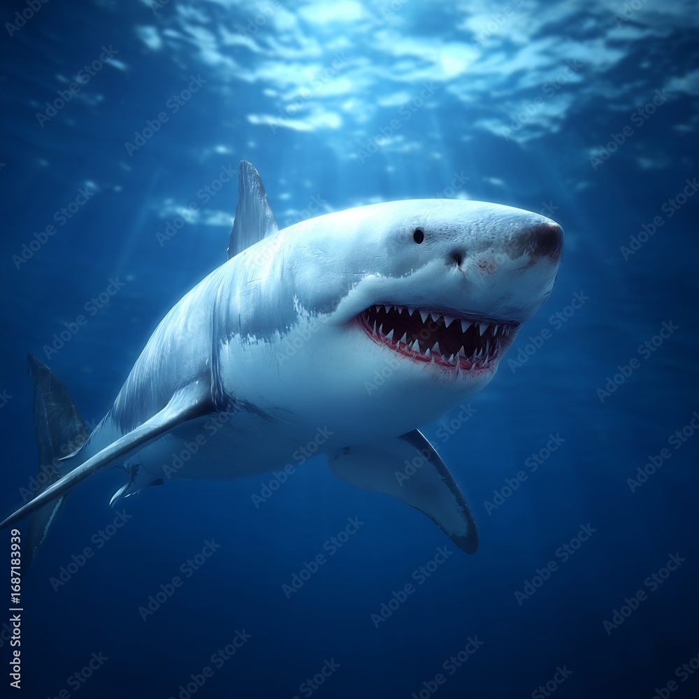 Naklejka premium A great white shark swimming in the ocean with sun rays shining through