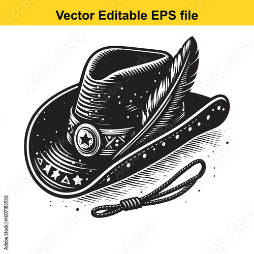 Black and white cowboy hat with feather and rope, isolated on white background