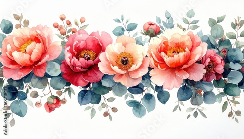 Watercolor Floral Border - Peach  Coral Peonies with Eucalyptus.