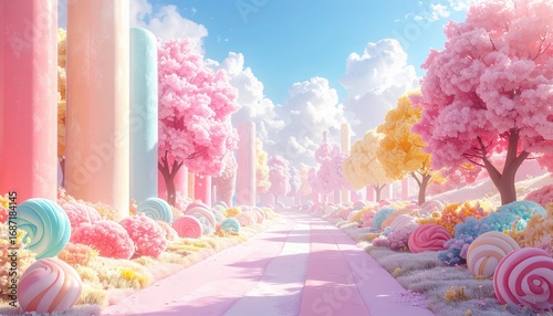 Whimsical Candy Land Avenue with Pastel Trees and Swirl Lollipops Under Dreamy Sky.