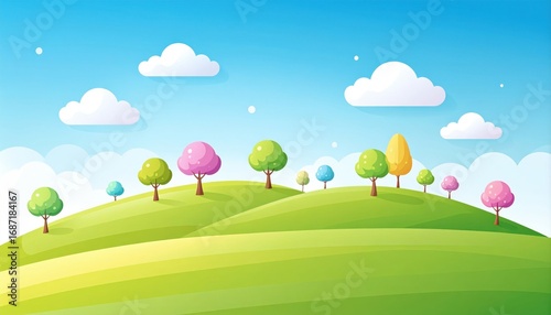 Whimsical Pastel Hillscape - Cartoon Trees and Fluffy Clouds Under a Bright Blue Sky.