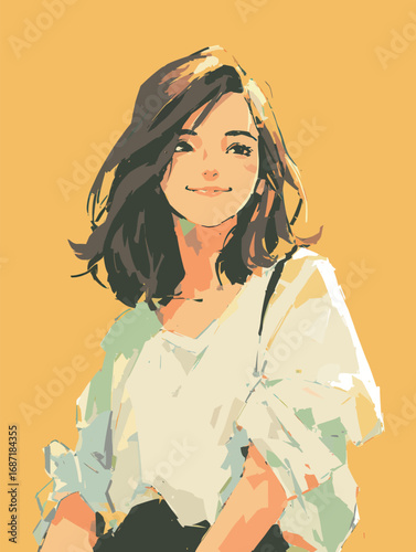 A young woman with shoulder-length dark hair is smiling warmly, dressed casually in a white top. The bright yellow background enhances her cheerful expression, creating a lively atmosphere.