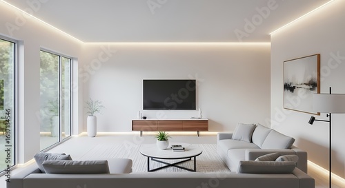 A modern minimalist living room with a grey sectional sofa, wall-mounted television, and warm cove lighting.