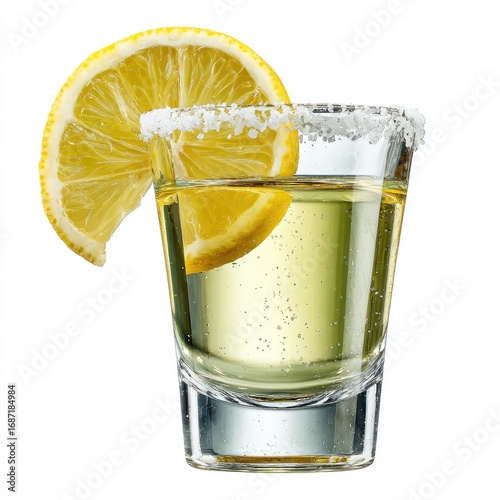 A shot glass of tequila, garnished with a lemon slice