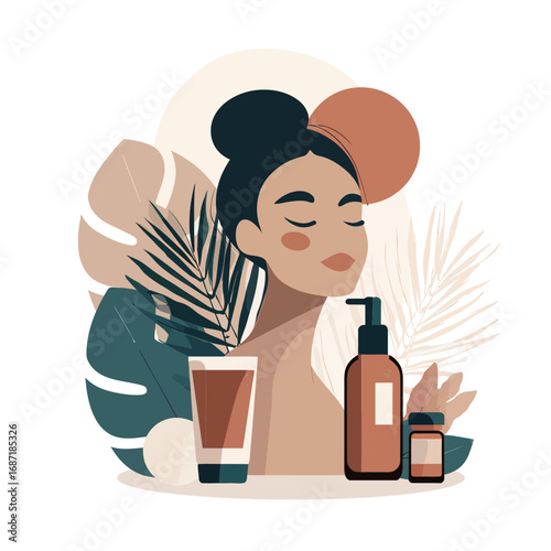 A woman with a serene expression enjoys a skincare routine surrounded by tropical leaves. Multiple skincare products are displayed, emphasizing natural beauty.