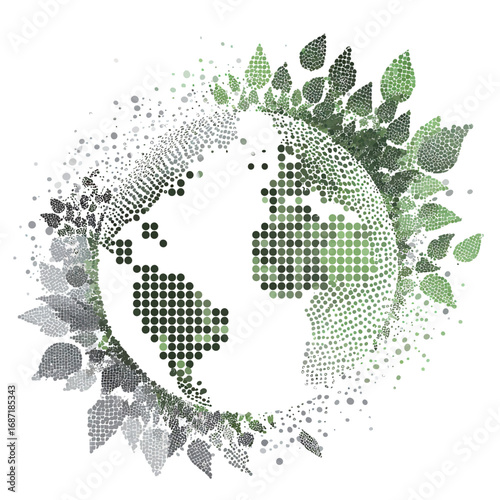 A vibrant representation of the earth made from green and gray dots, surrounded by lush leaves, symbolizes environmental awareness and sustainability efforts in our world.