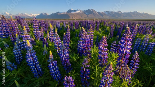 Vibrant Lupine Field at Sunrise, Majestic Mountain Backdrop, Serene Landscape Photography