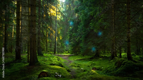 Wallpaper Mural Enchanted Forest Path: Mystical Green Moss, Sunlit Trees, Luminescent Glow Torontodigital.ca