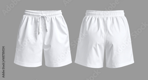 Fotografía White athletic shorts pants front and back view with gray background