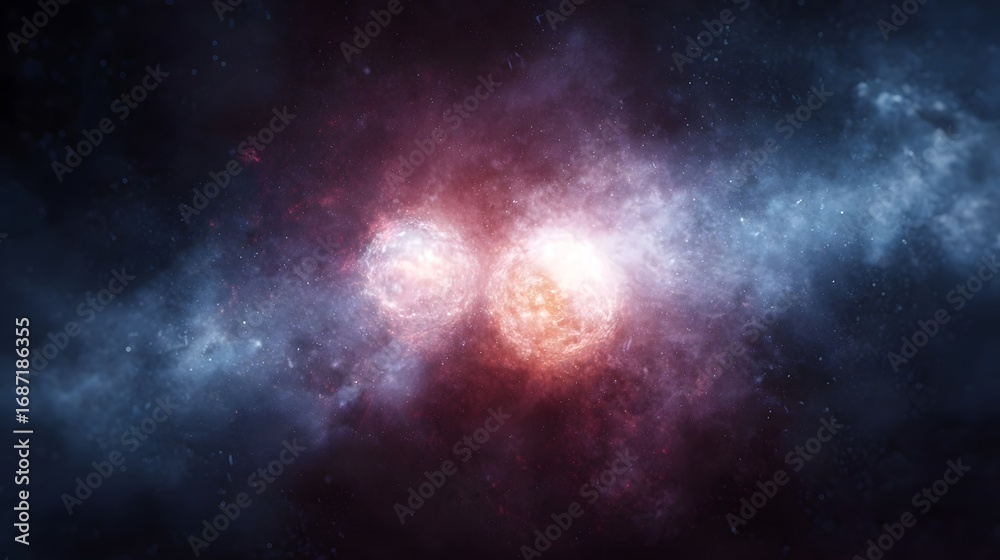 Naklejka premium Two bright celestial bodies merge with a powerful burst of cosmic energy in a vibrant nebula