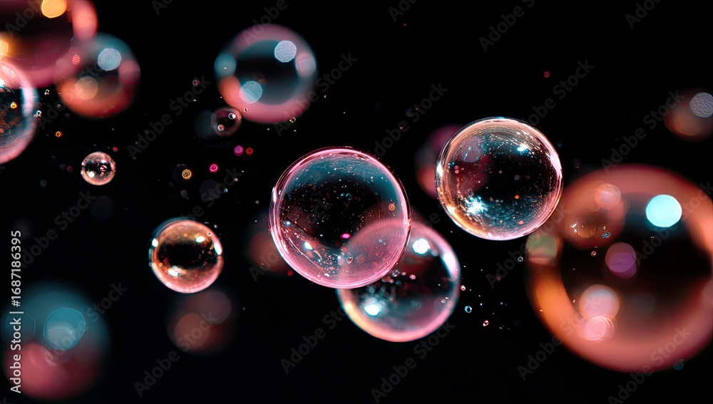 Naklejka premium Floating iridescent bubbles in a dark background