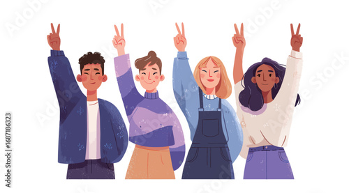 Four friends are joyfully posing with peace signs, showcasing their vibrant styles. Their expressions convey happiness and unity, capturing a moment of celebration and friendship.