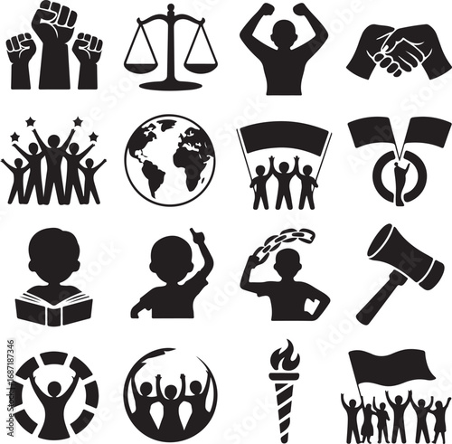 Social Justice and Activism Icons Set Fist Scales Keywords: social justice, activism, protest
