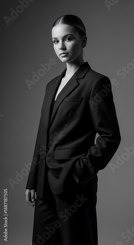 Elegant Young Woman Wearing Black Suit Standing Confidently in Studio Black and White Photography