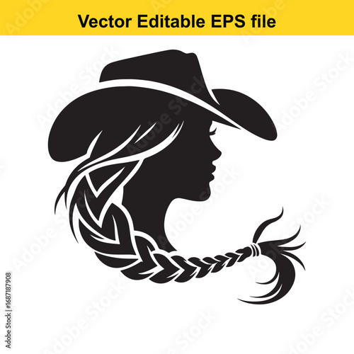 Silhouette of a cowgirl with a braided hairstyle isolated on white background