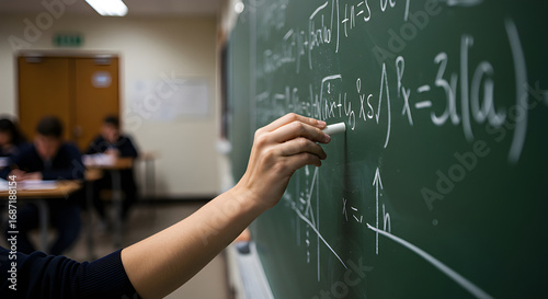 Hand writing math formulas on chalkboard. Educational concept, hyper realistic detail.