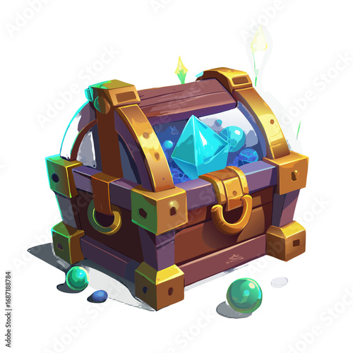 Magical Treasure Chest Game Icon with Glowing Loot and Gems