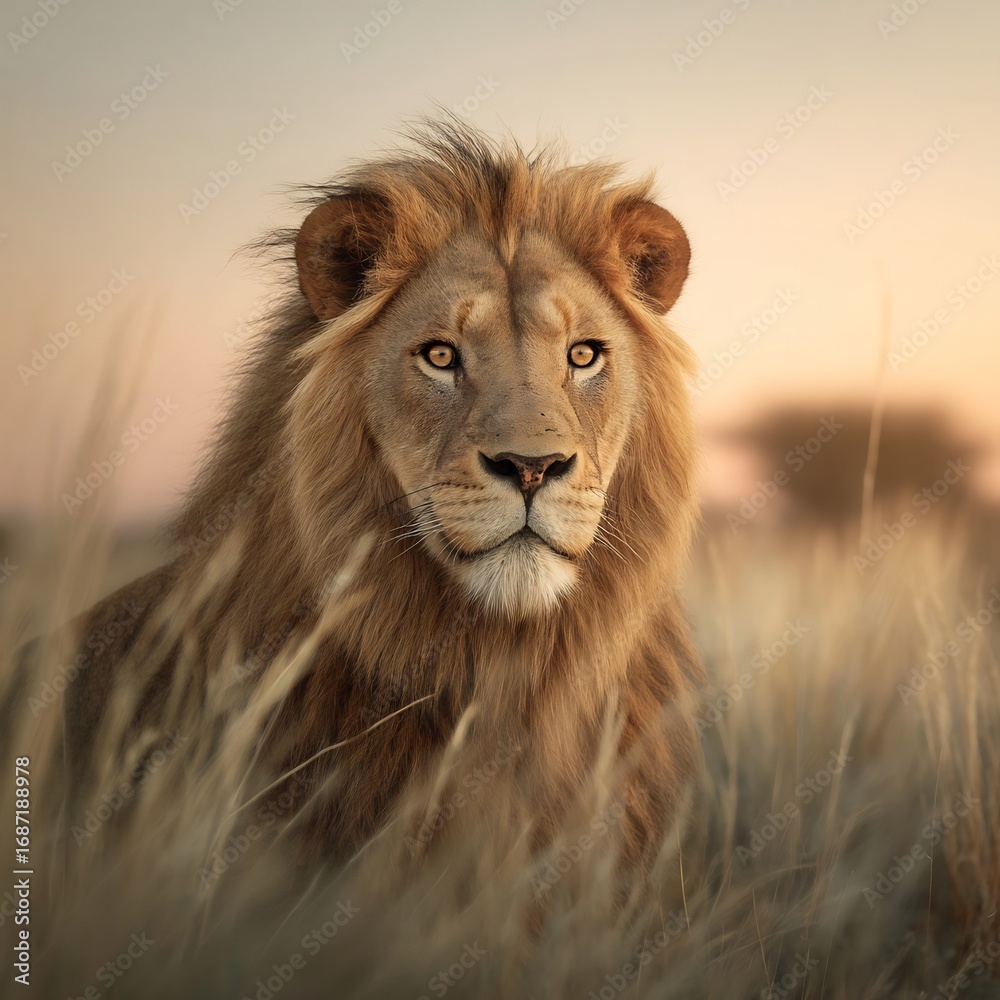 Obraz premium Close up portrait of a male lion in the african savanna at sunset