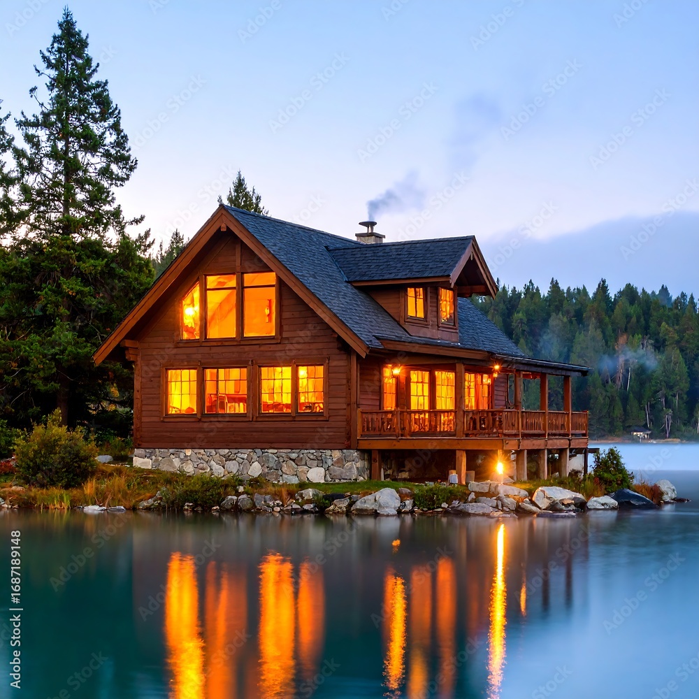 Fototapeta premium Lakeside cabin at dawn