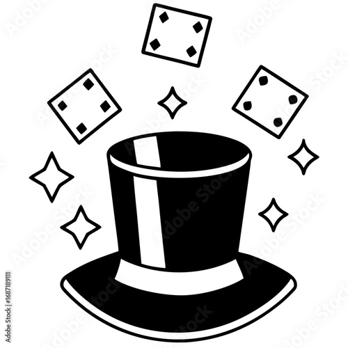 Magician's Top Hat and Cards, a Line Art Icon for Magic Tricks and Illusion