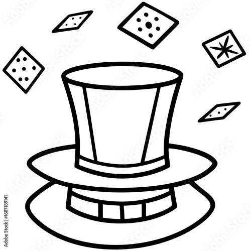 Magician's Top Hat and Cards, a Line Art Icon for Magic Tricks and Illusion