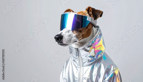 Futuristic dog in holographic jacket and visor glasses