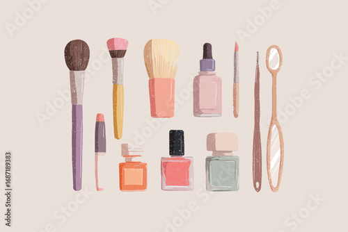 A collection of makeup brushes, nail polishes, and tools is displayed aesthetically on a soft beige background. Each item showcases gentle colors and unique shapes, highlighting beauty essentials.