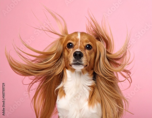 Chic dog with long flowing silky hair on pink background fashion style