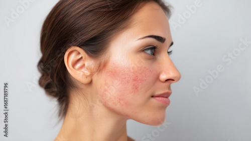 Female Profile with Rosacea and Facial Redness, Dermatology Skin Condition, Atopic Dermatitis, Medical Skincare, Problematic Complexion, Chronic Inflammation.