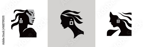 Three distinct silhouettes of women showcase flowing hair and geometric earrings, featuring a minimalist and artistic style. Each figure exhibits elegance and creativity.