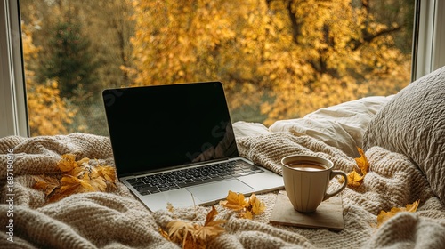 Cozy autumn scene with laptop coffee and blanket near window decorated with golden fall leaves