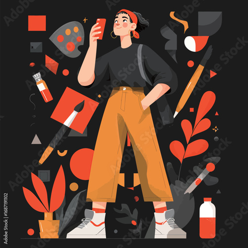 An artist stands confidently while holding a smartphone, surrounded by various colorful shapes and art supplies, embodying creativity and self-expression in a modern setting.