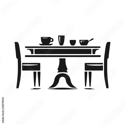 Minimalist Dining: A stark silhouette captures the essence of a classic dining arrangement, featuring a table set for an elegant meal with accompanying chairs and utensils, ideal for design concepts.