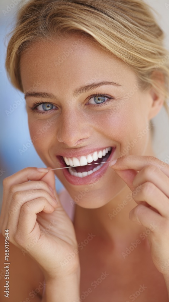 Obraz premium Woman smiling while flossing outside