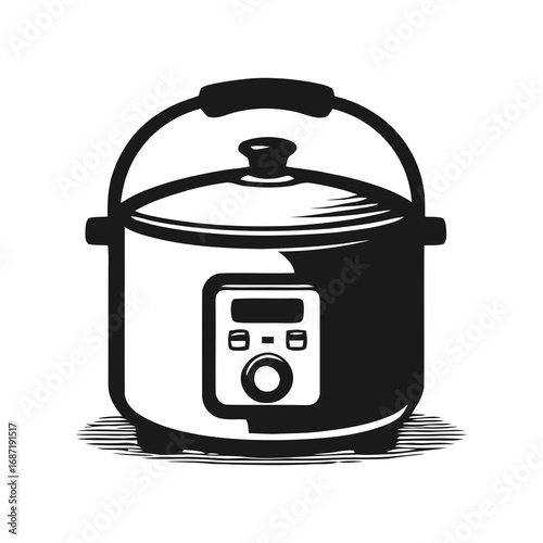 The Appliance Symphony: A crisp, minimalist image portrays a meticulously drawn rice cooker, highlighting the appliance's modern design with a monochromatic style. 