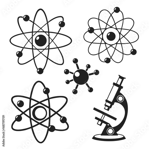 A collection of black and white science icons featuring atomic models molecular structures and a microscope representing research and discovery