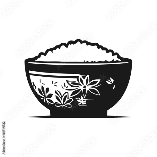 Bowl of Rice Silhouette: A stylized black and white illustration presents a bowl filled to the brim with fluffy white rice.