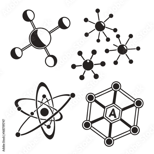 Collection of stylized scientific icons representing molecular structures atomic models and chemical bonds in a clean black and white graphic design perfect for educational or research themes