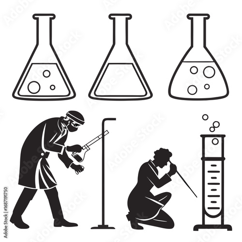 Scientists conducting experiments with beakers and test tubes in a laboratory setting illustrating chemical research and scientific discovery through stylized black and white illustrations