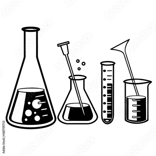A simple black and white illustration of four laboratory glass containers including an erlenmeyer flask a beaker a test tube and a funnel representing scientific experimentation and research