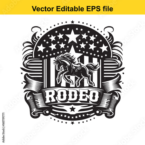 Rodeo emblem with horse and stars, isolated on white background