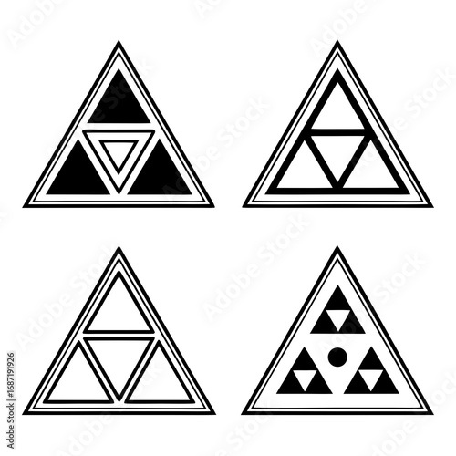 A collection of four distinct geometric triangle designs featuring black and white patterns and outlines showcasing variations of fractal and symmetrical arrangements within a triangular frame