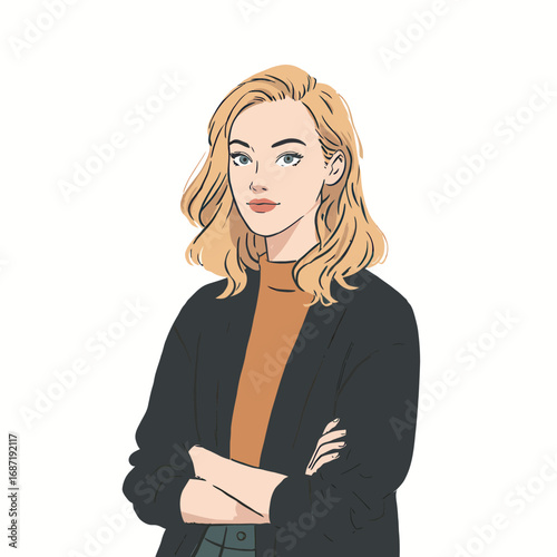 A confident young woman with blonde hair stands with her arms crossed, showcasing a fashionable outfit. Her pose conveys self-assurance and poise in a neutral setting.