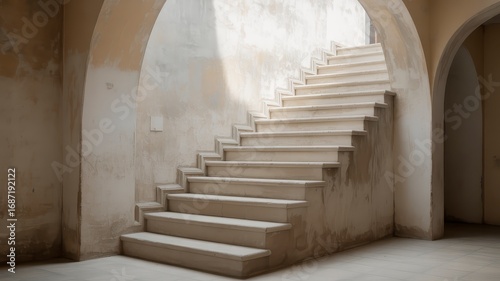 Architectural interior with beige stairs archway and the play of light and shadow