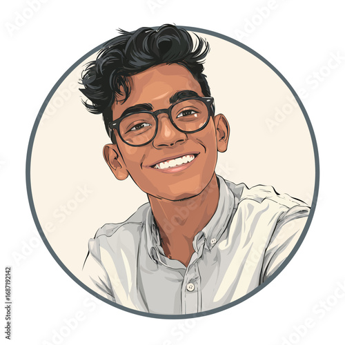 A cheerful teenage boy with curly hair and glasses smiles while wearing a light-colored shirt. The composition features a circular framing, adding a playful touch.