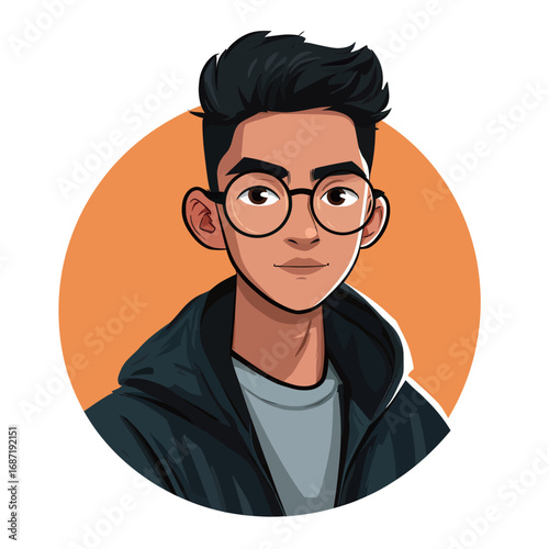 A young man with black hair and glasses poses confidently, wearing a dark hoodie over a light shirt. The vibrant orange background enhances his appearance and adds energy.